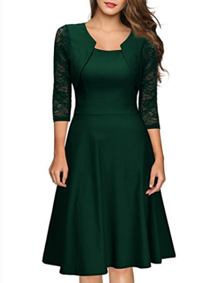 Women's 3/4 Sleeve Lace A-Line Midi Dress