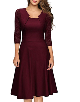 Women's 3/4 Sleeve Lace A-Line Midi Dress