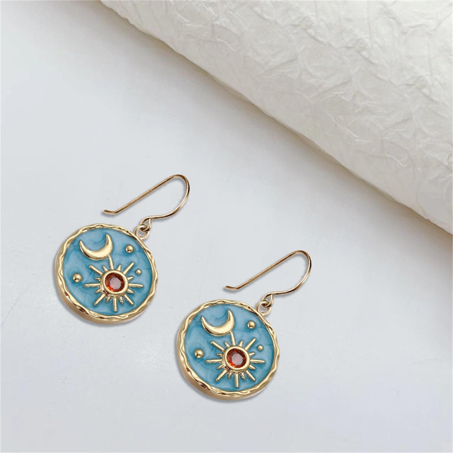 Vintage Sun Moon Drop Earrings Lightweight Gold Blue