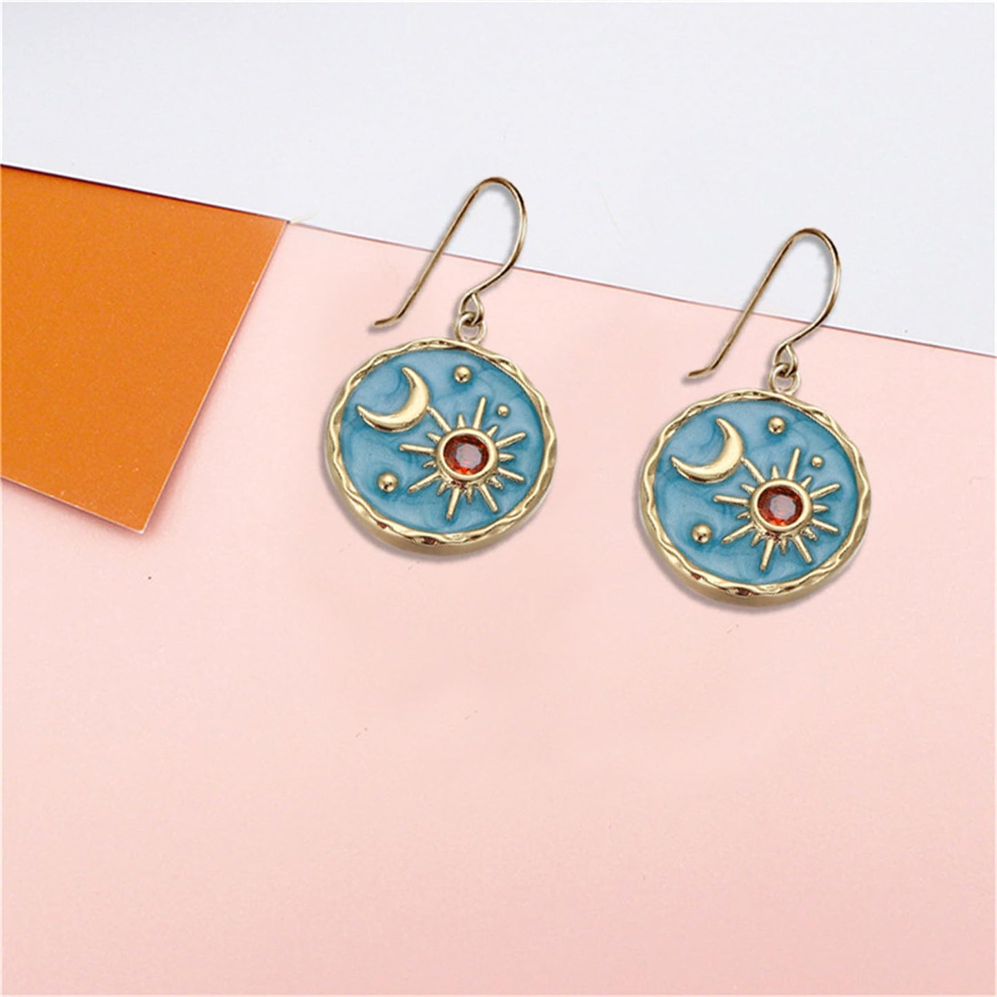 Vintage Sun Moon Drop Earrings Lightweight Gold Blue