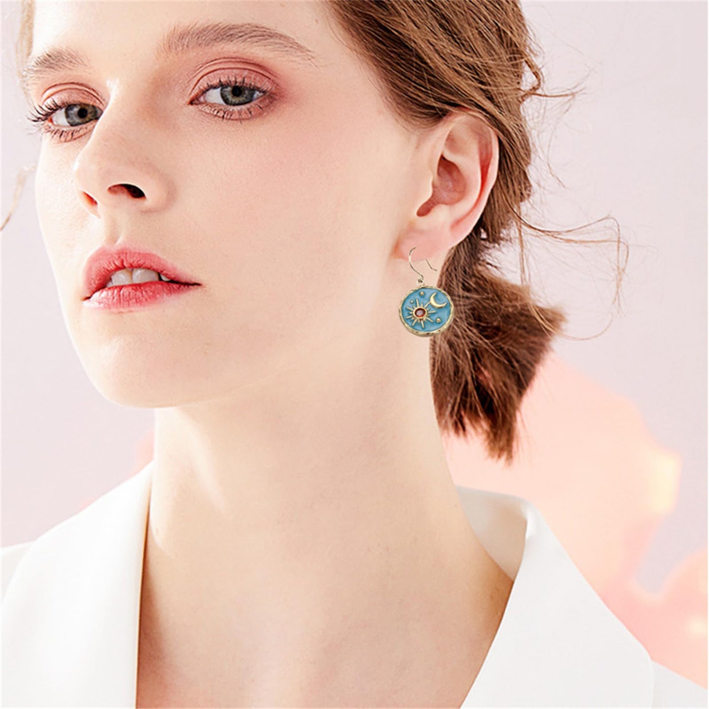 Vintage Sun Moon Drop Earrings Lightweight Gold Blue