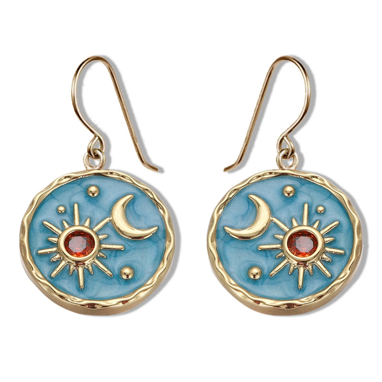 Vintage Sun Moon Drop Earrings Lightweight Gold Blue