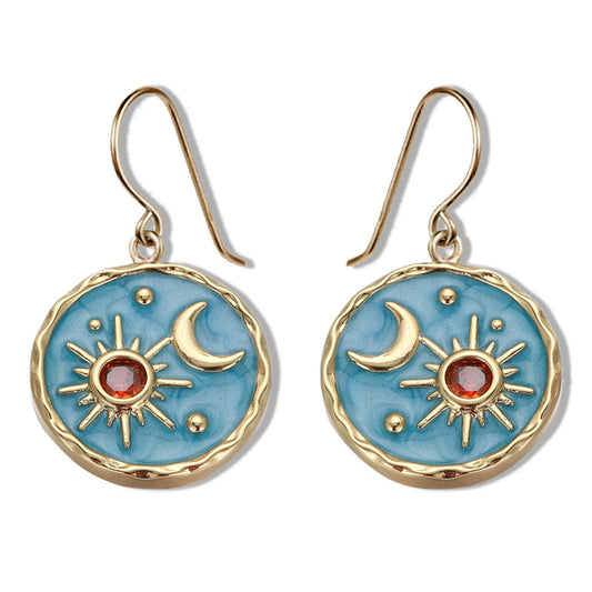 Vintage Sun Moon Drop Earrings Lightweight Gold Blue