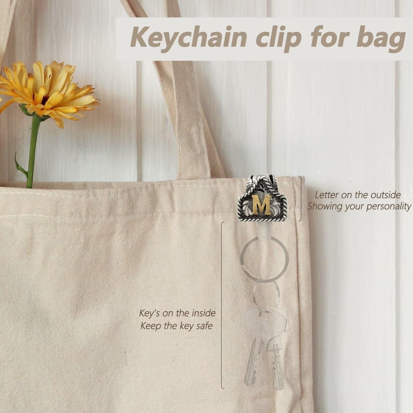 Vintage Initial Metal Keychain with Clip Letter M