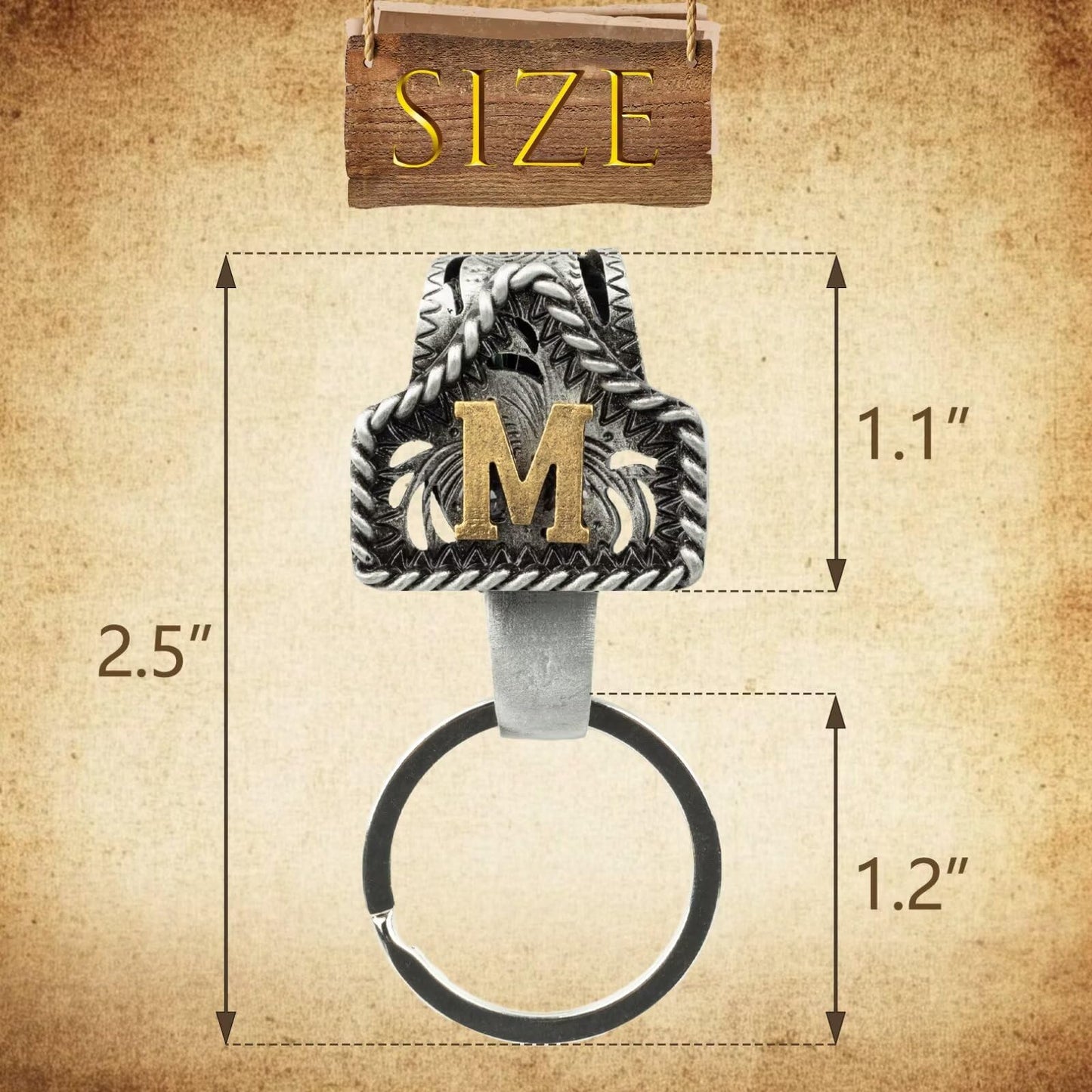 Vintage Initial Metal Keychain with Clip Letter M