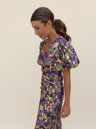 Women's Puff Sleeve V-Neck Midi Dress