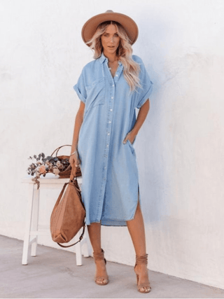 Women's Button-Down Denim Shirt Midi Dress