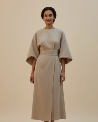Women's Elegant Belted Dress with Lantern Sleeves