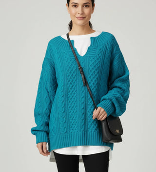 Women's Oversized Cable Knit V-Neck Sweater