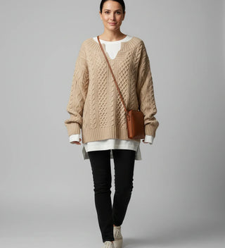 Women's Oversized Cable Knit V-Neck Sweater