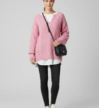 Women's Oversized Cable Knit V-Neck Sweater