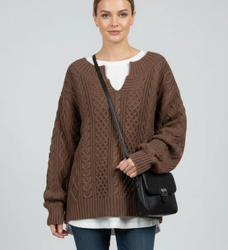 Women's Oversized Cable Knit V-Neck Sweater