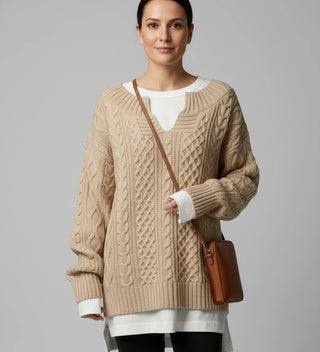 Women's Oversized Cable Knit V-Neck Sweater