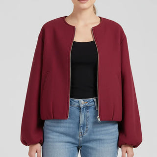 Women's Balloon Sleeve Zip-Up Bomber Jacket